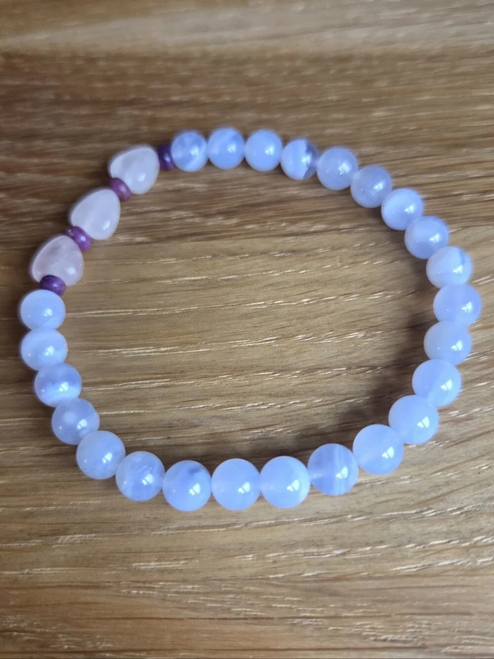 Blue Chalcedony, Rose Quartz & Lepidolite Beaded Bracelet | Handmade